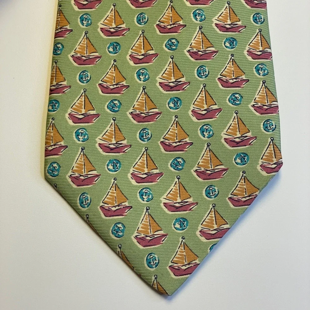 Banana Republic Sail Boat Necktie Mens Green Orange Italian Silk 58